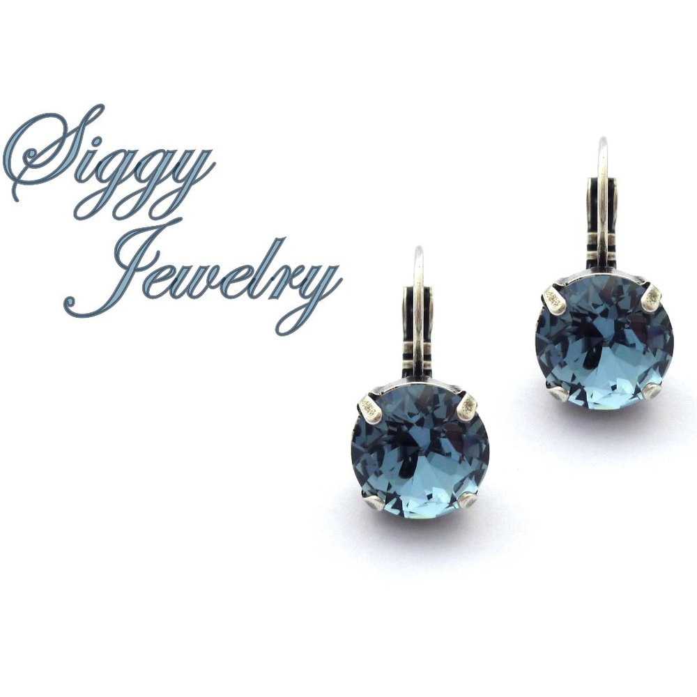 Denim Blue Gumdrop Crystal Earrings, Drop Lever Back in Assorted Finishes